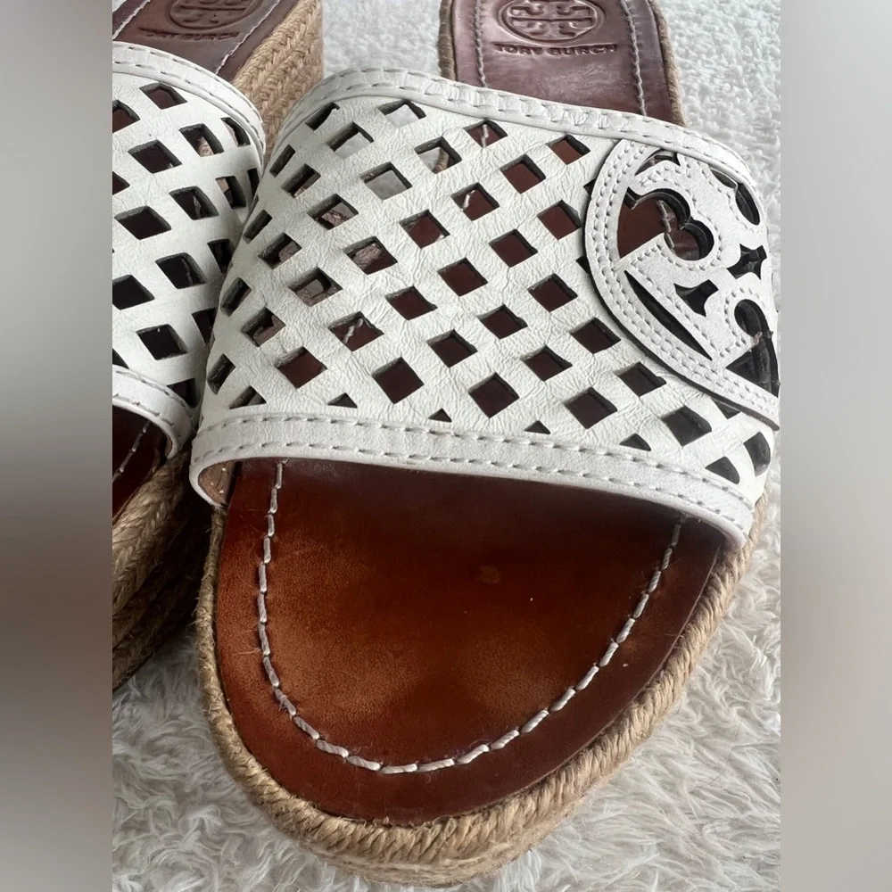 Tory Burch Sz 9 White Leather Logo Espadrille Wedge Platform Sandals Slide